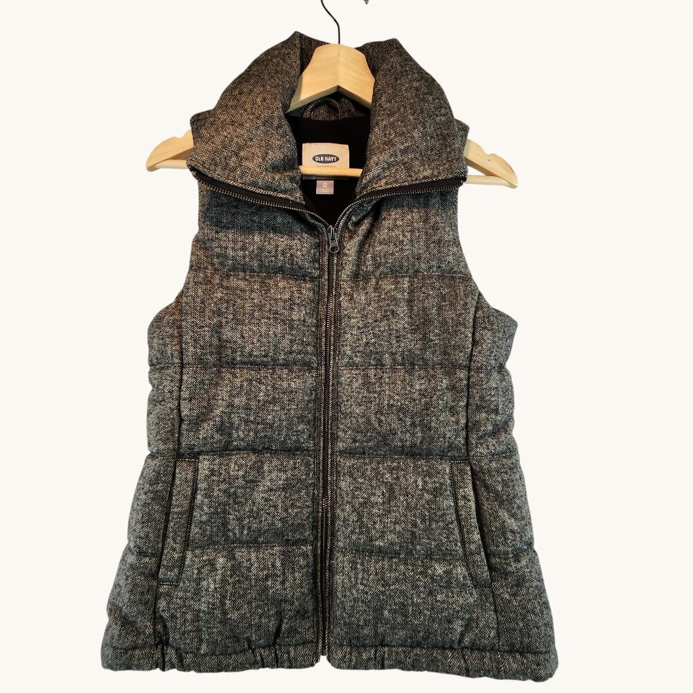 Old Navy Women Gray Herringbone Puffer Vest XS Full Zip Front Pockets Outdoor